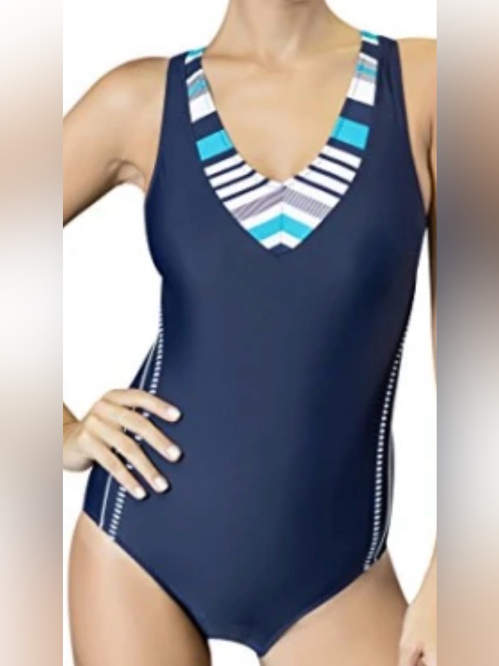 UHNICE size 14, NAVY One-Piece Swimsuit with Striped V-Neck Accent